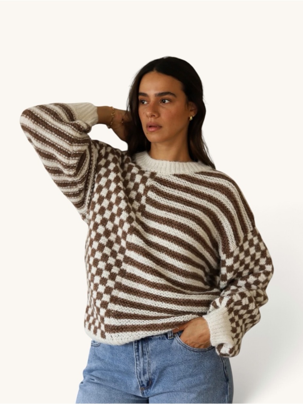 Blu Pepper Mocha Mixed Checker Sweater, Size M, MSRP $64
